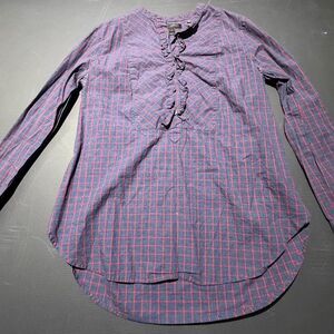 J. Crew Red & blue plaid pop over button-up shirt with ruffle detail